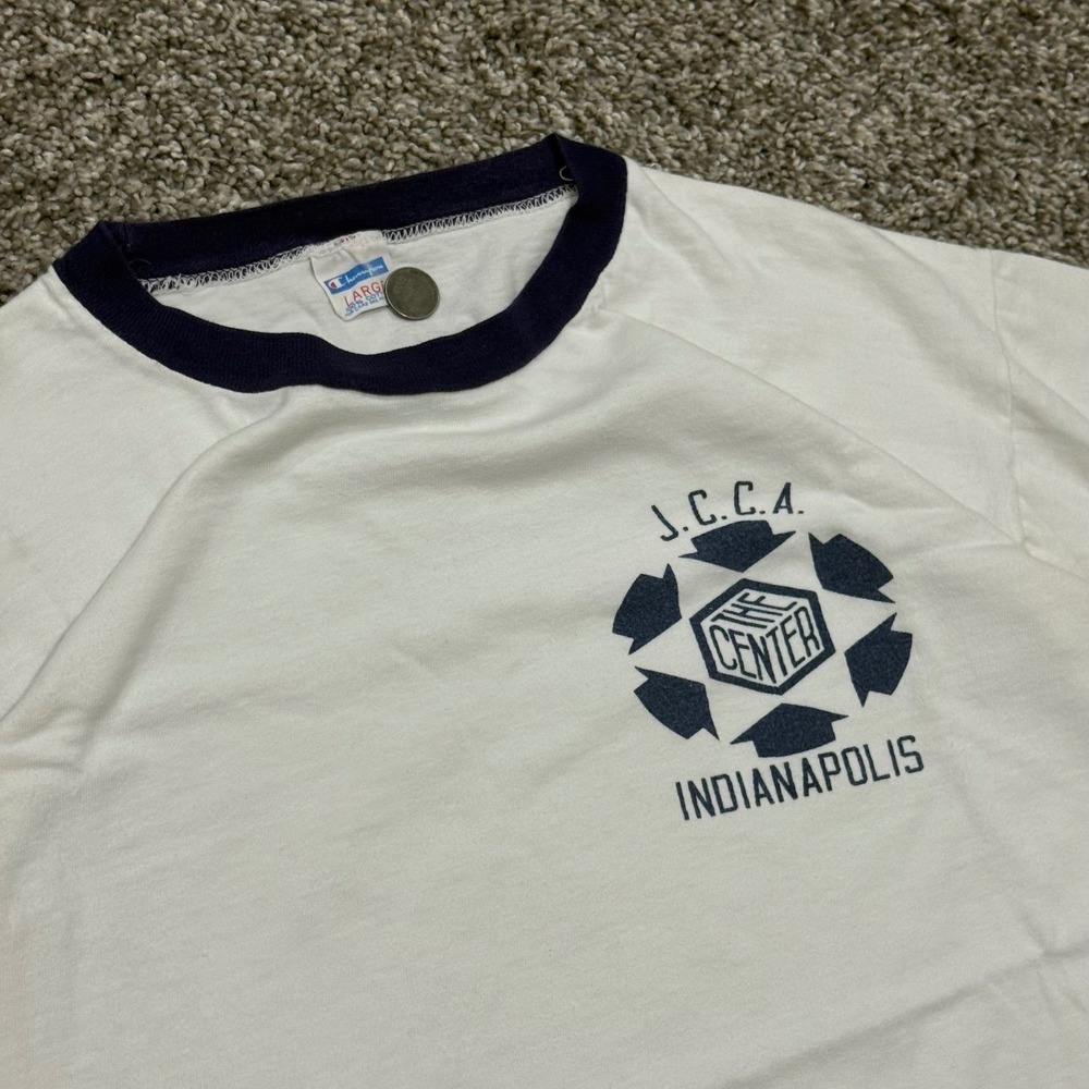 True Vintage 70s Champion Blue Bar JCCA Center Indianapolis Ringer TShirt Mens L